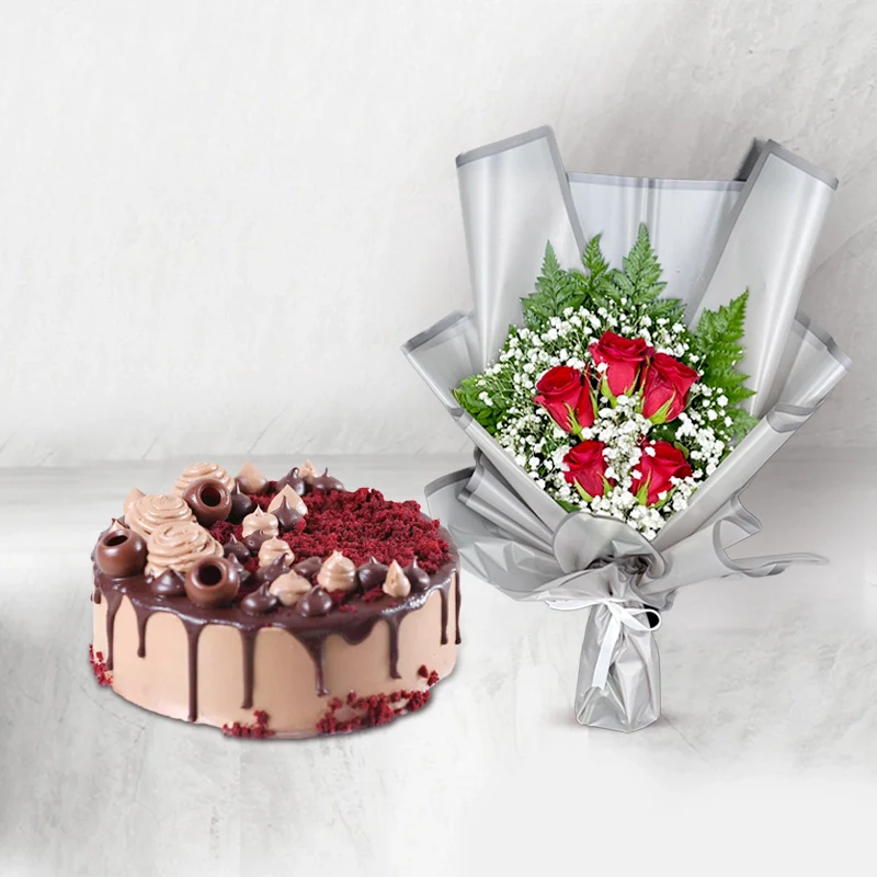 ChocoDrip Cake With Red Roses Bouquet