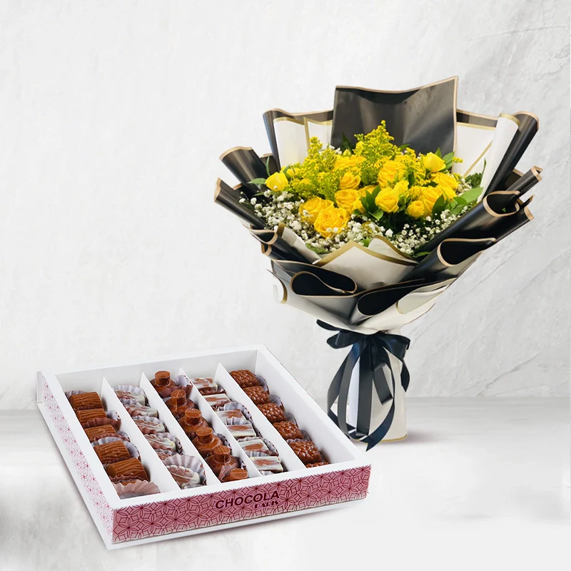 Belgian Chocolate Box with Yellow Rose Bouquet