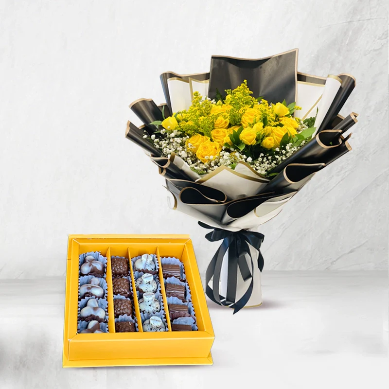 Chocolate Box With Yellow Rose Bouquet