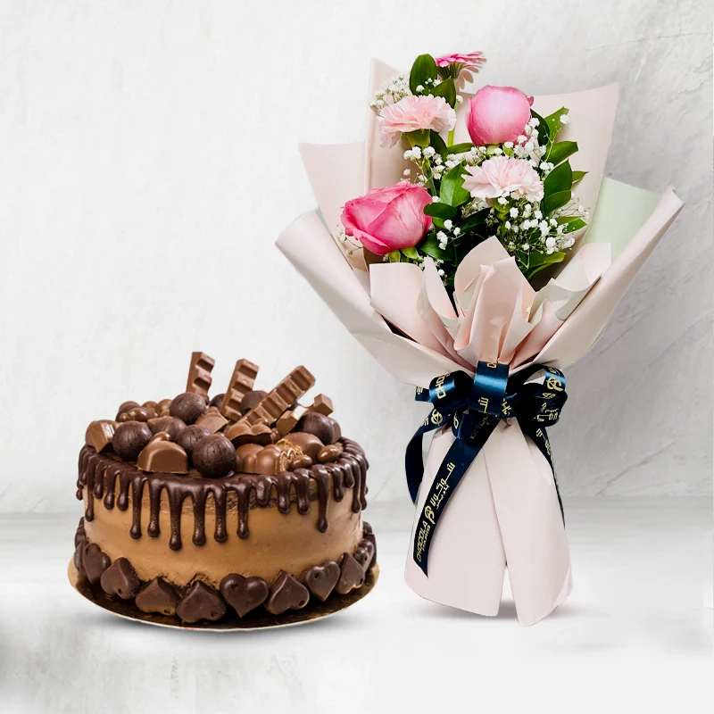 Chocolate Cake and Colorful flowers Bouquet