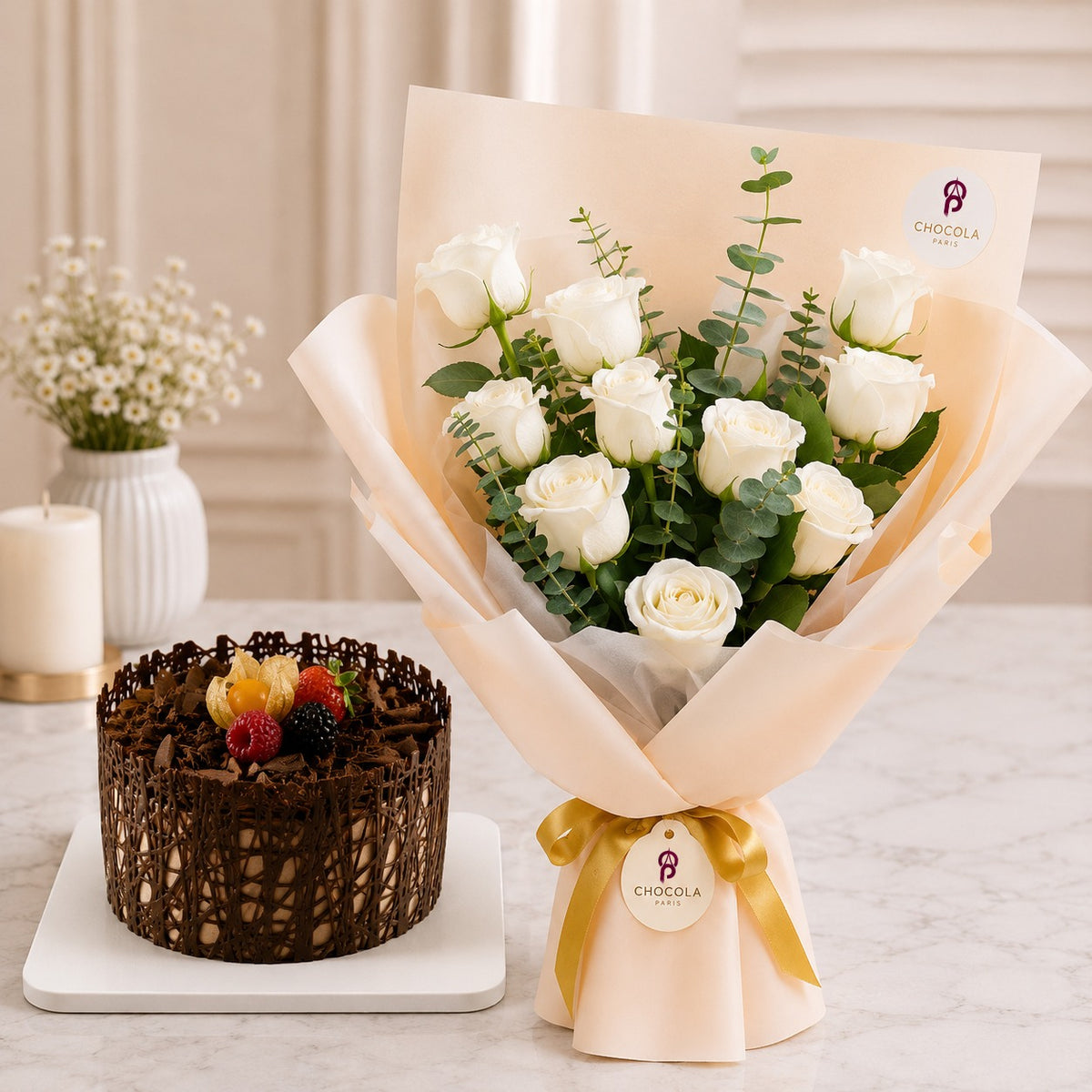 Pure Elegance Roses & Chocolate Cake Combo