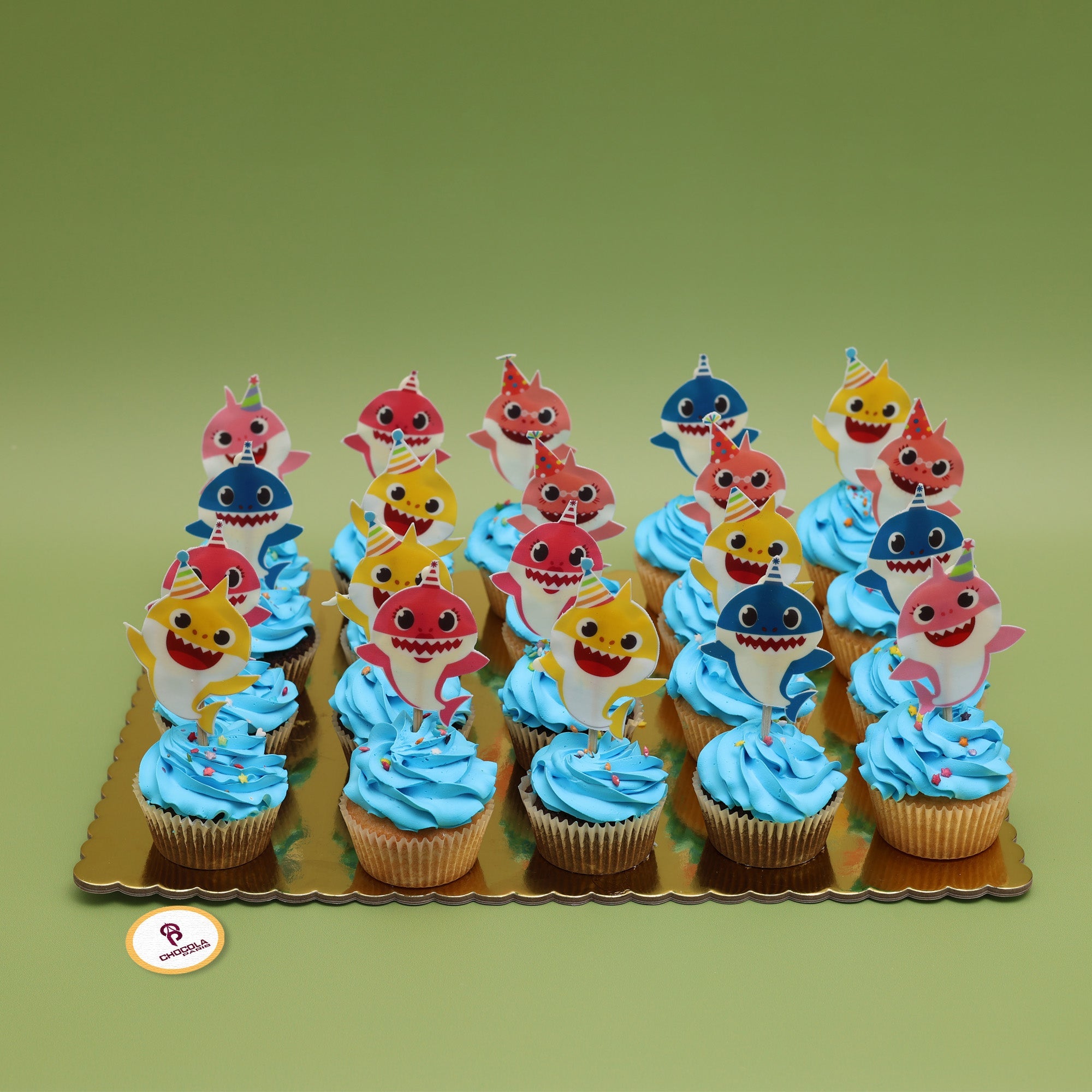 Baby shark cake with cupcakes
