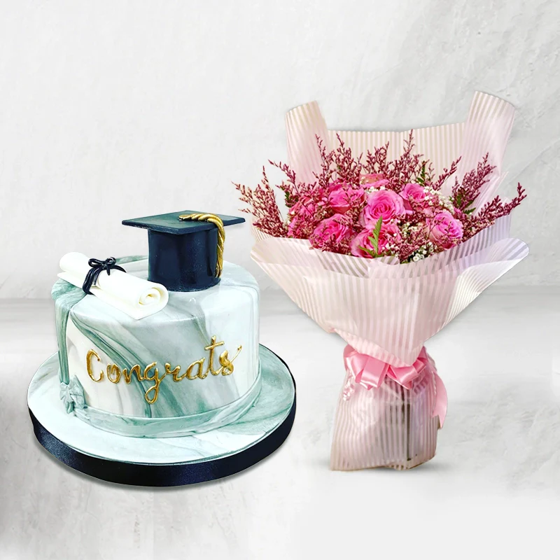Green Graduation Day Cake And Flower Combo